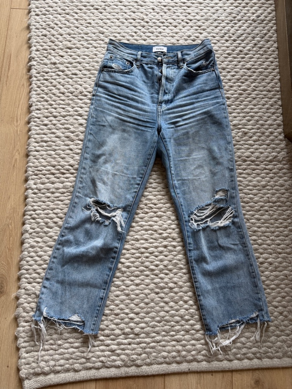 Pistola Charlie High Rise Straight Jeans 26 Light Wash Distressed Raw Hem